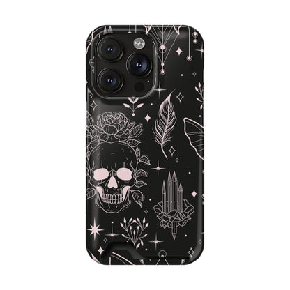 Mystic Skull Dark Aesthetic Phone Case with Card Holder — Gothic Crystal & Feather Design Luxury Cover
