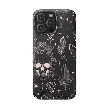 Mystic Skull Dark Aesthetic Phone Case with Card Holder — Gothic Crystal & Feather Design Luxury Cover