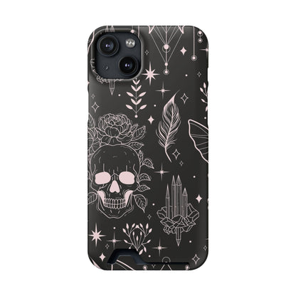 Mystic Skull Dark Aesthetic Phone Case with Card Holder — Gothic Crystal & Feather Design Luxury Cover