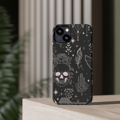 Mystic Skull Dark Aesthetic Phone Case with Card Holder — Gothic Crystal & Feather Design Luxury Cover