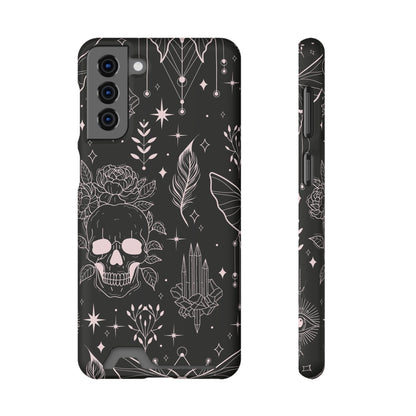 Mystic Skull Dark Aesthetic Phone Case with Card Holder — Gothic Crystal & Feather Design Luxury Cover