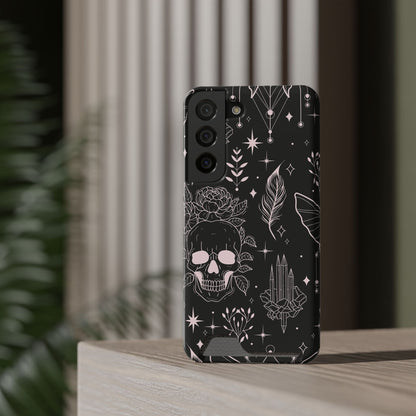 Mystic Skull Dark Aesthetic Phone Case with Card Holder — Gothic Crystal & Feather Design Luxury Cover