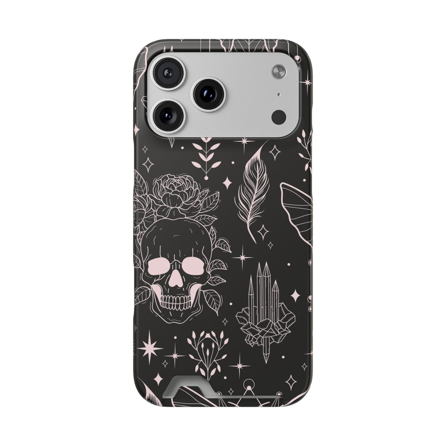 Mystic Skull Dark Aesthetic Phone Case with Card Holder — Gothic Crystal & Feather Design Luxury Cover