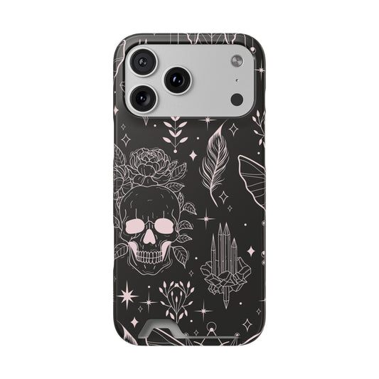 Mystic Skull Dark Aesthetic Phone Case with Card Holder — Gothic Crystal & Feather Design Luxury Cover