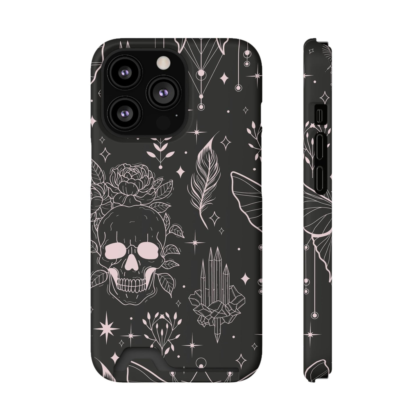 Mystic Skull Dark Aesthetic Phone Case with Card Holder — Gothic Crystal & Feather Design Luxury Cover