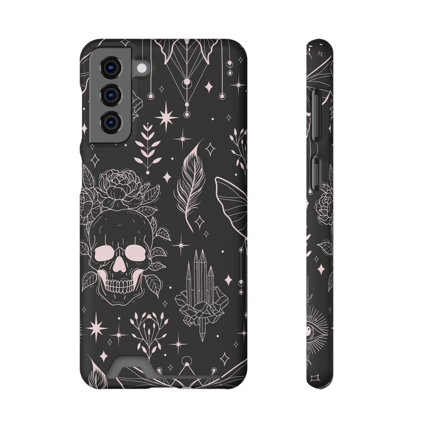 Mystic Skull Dark Aesthetic Phone Case with Card Holder — Gothic Crystal & Feather Design Luxury Cover