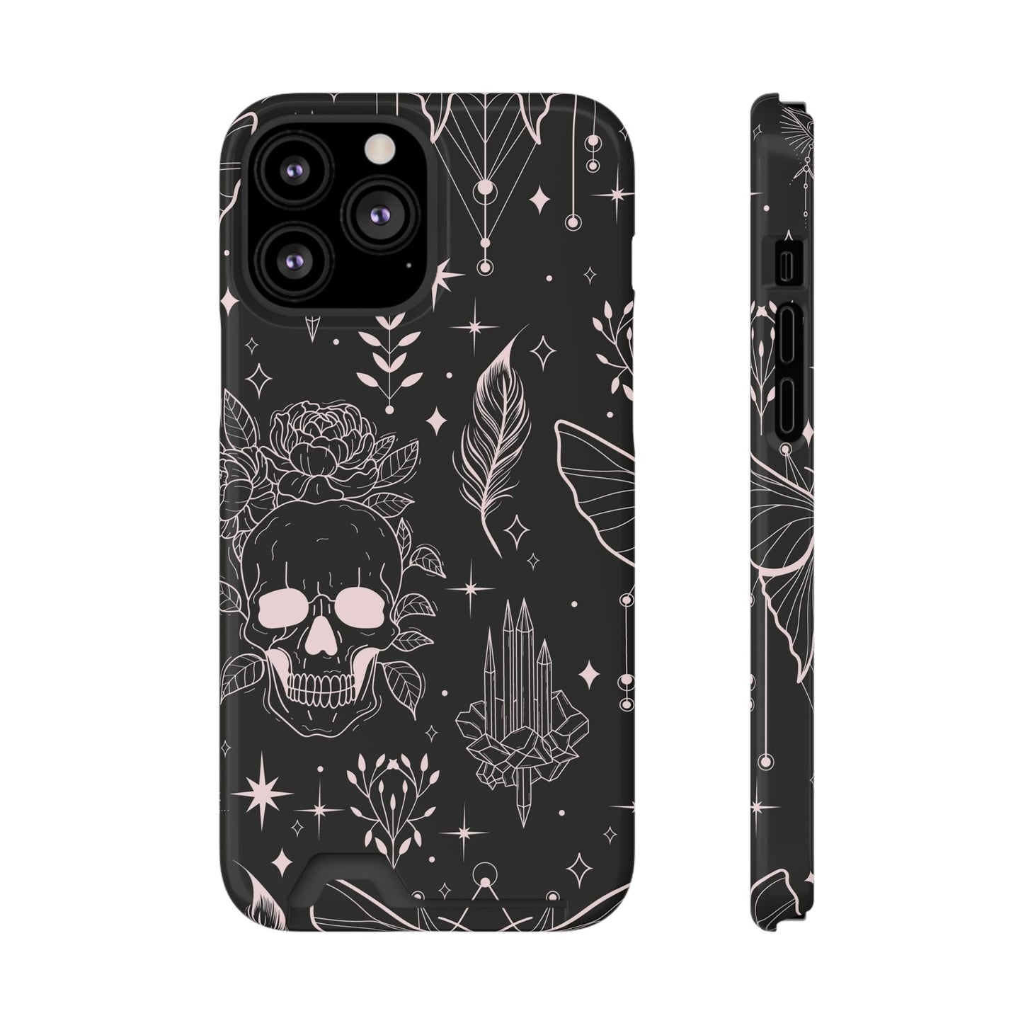 Mystic Skull Dark Aesthetic Phone Case with Card Holder — Gothic Crystal & Feather Design Luxury Cover