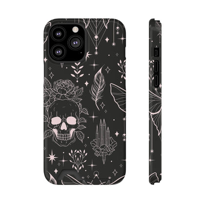 Mystic Skull Dark Aesthetic Phone Case with Card Holder — Gothic Crystal & Feather Design Luxury Cover
