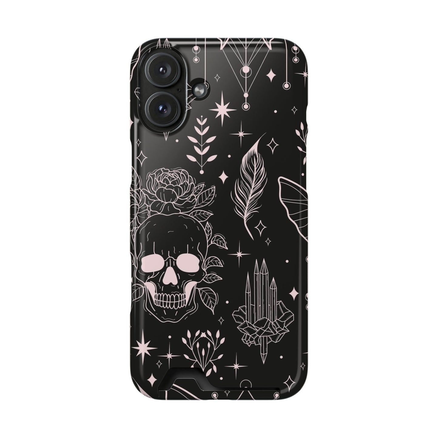 Mystic Skull Dark Aesthetic Phone Case with Card Holder — Gothic Crystal & Feather Design Luxury Cover