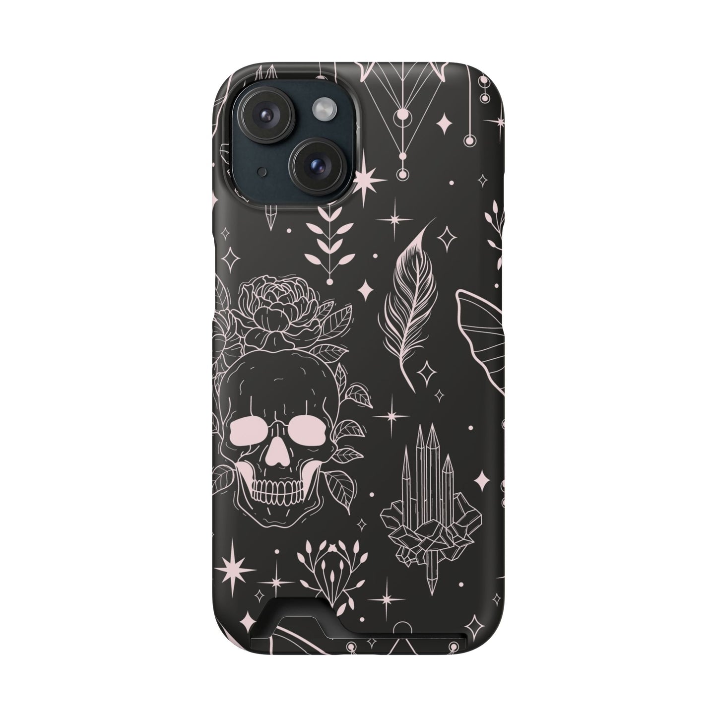 Mystic Skull Dark Aesthetic Phone Case with Card Holder — Gothic Crystal & Feather Design Luxury Cover