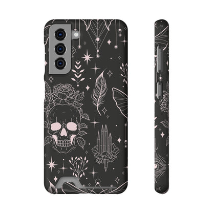 Mystic Skull Dark Aesthetic Phone Case with Card Holder — Gothic Crystal & Feather Design Luxury Cover