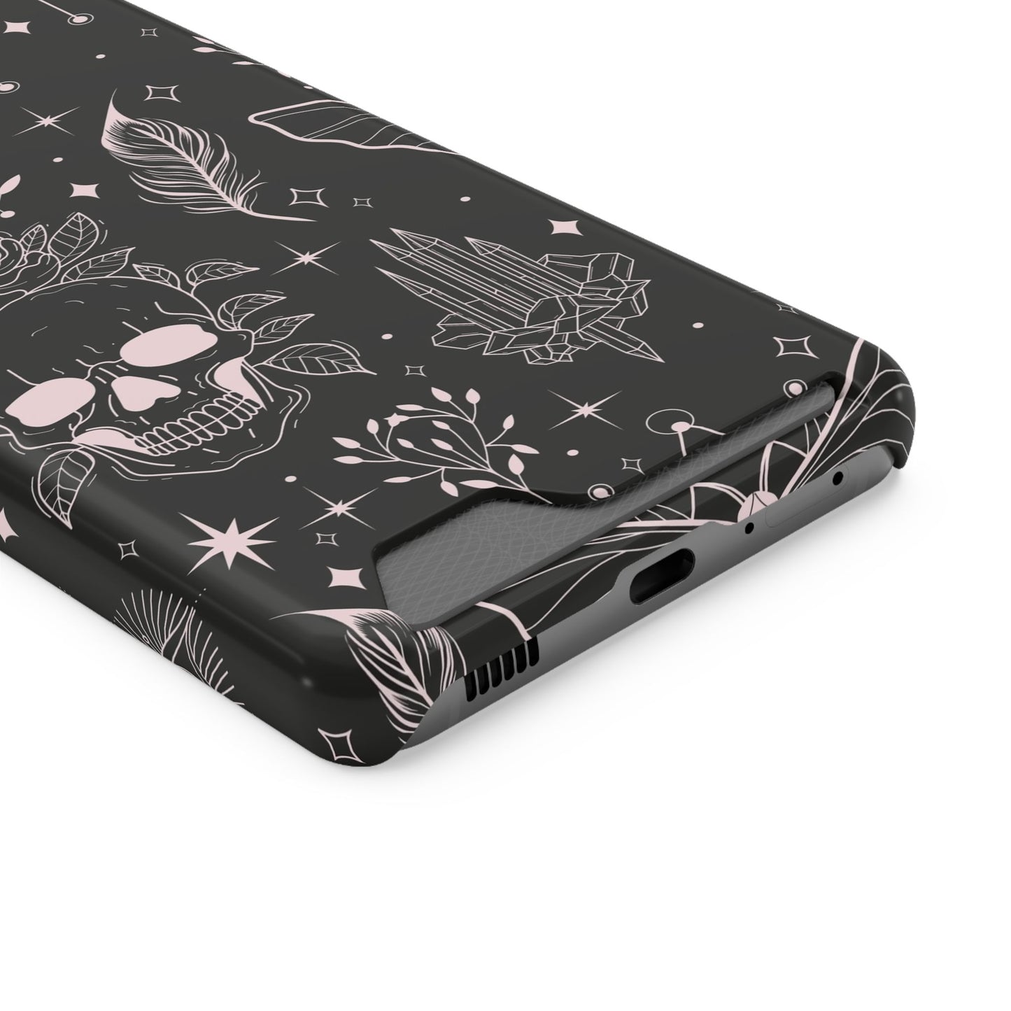Mystic Skull Dark Aesthetic Phone Case with Card Holder — Gothic Crystal & Feather Design Luxury Cover