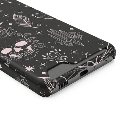 Mystic Skull Dark Aesthetic Phone Case with Card Holder — Gothic Crystal & Feather Design Luxury Cover