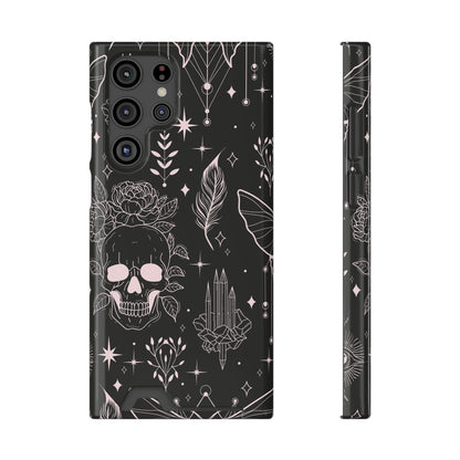 Mystic Skull Dark Aesthetic Phone Case with Card Holder — Gothic Crystal & Feather Design Luxury Cover