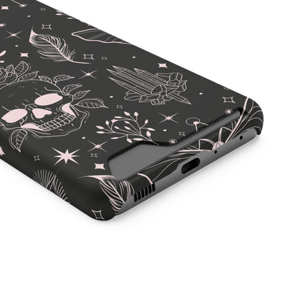 Mystic Skull Dark Aesthetic Phone Case with Card Holder — Gothic Crystal & Feather Design Luxury Cover