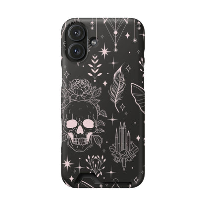 Mystic Skull Dark Aesthetic Phone Case with Card Holder — Gothic Crystal & Feather Design Luxury Cover