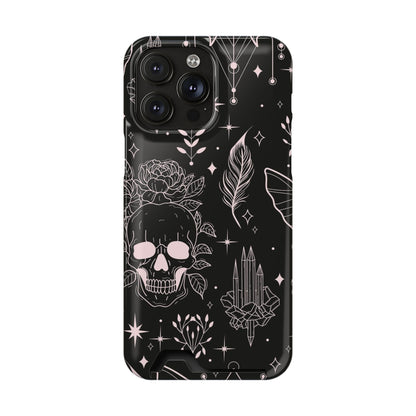Mystic Skull Dark Aesthetic Phone Case with Card Holder — Gothic Crystal & Feather Design Luxury Cover