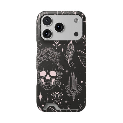 Mystic Skull Dark Aesthetic Phone Case with Card Holder — Gothic Crystal & Feather Design Luxury Cover