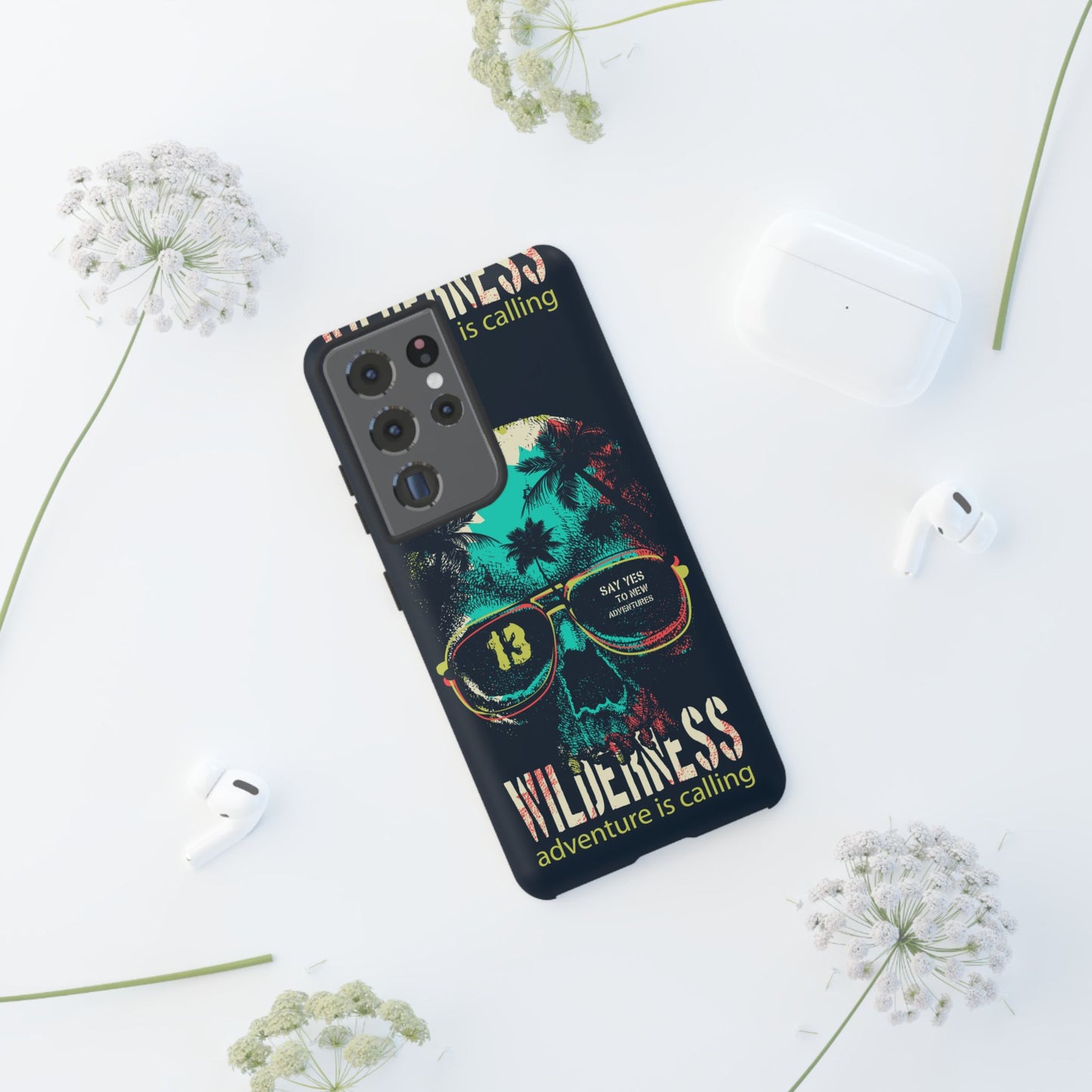 Wilderness Adventure Phone Case — 'Adventure Is Calling' Skull Sunglasses Design