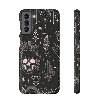 Mystic Skull Dark Aesthetic Phone Case with Card Holder — Gothic Crystal & Feather Design Luxury Cover