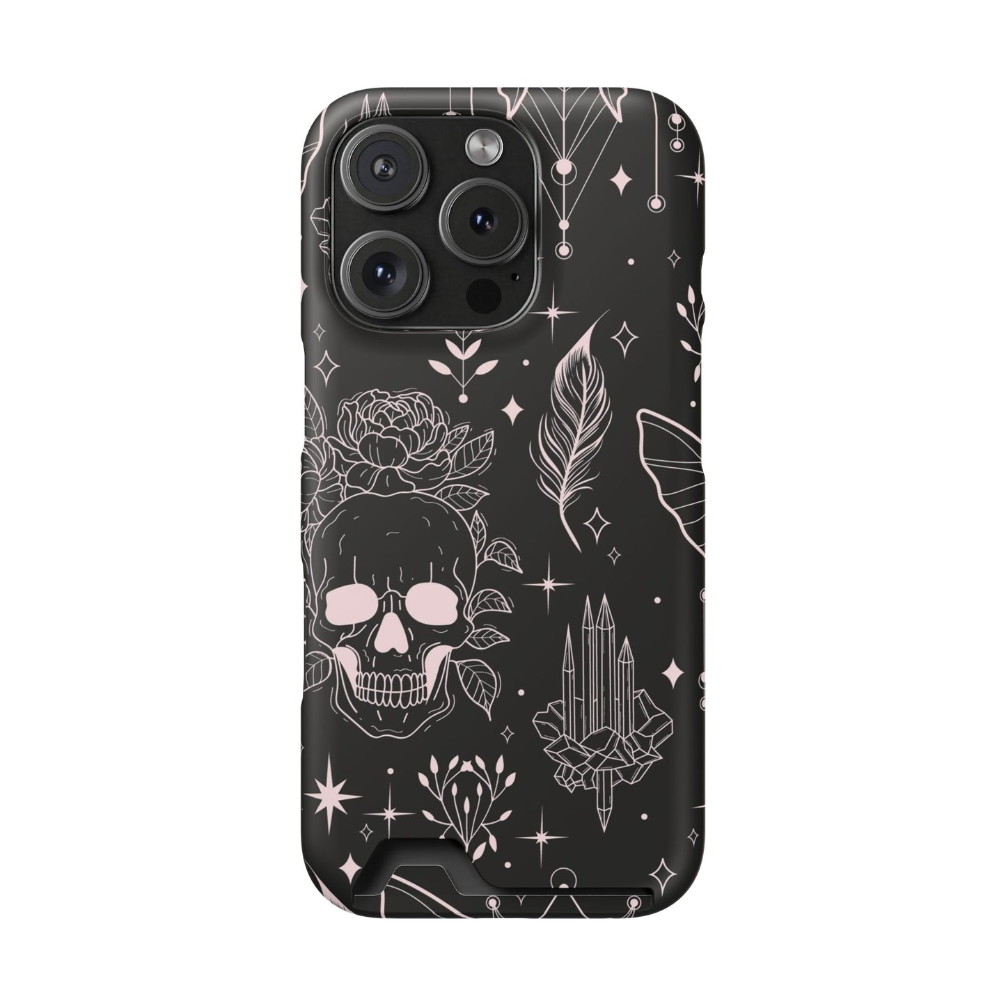 Mystic Skull Dark Aesthetic Phone Case with Card Holder — Gothic Crystal & Feather Design Luxury Cover