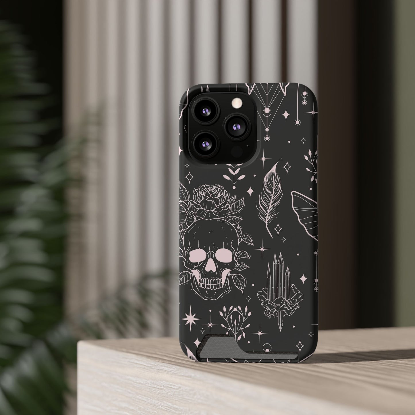Mystic Skull Dark Aesthetic Phone Case with Card Holder — Gothic Crystal & Feather Design Luxury Cover