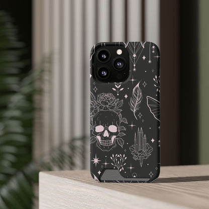 Mystic Skull Dark Aesthetic Phone Case with Card Holder — Gothic Crystal & Feather Design Luxury Cover