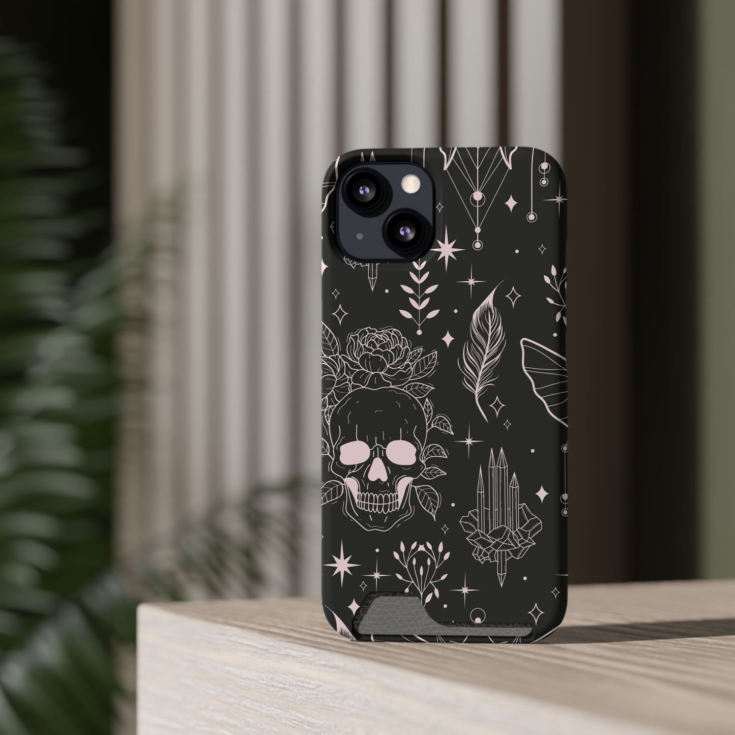 Mystic Skull Dark Aesthetic Phone Case with Card Holder — Gothic Crystal & Feather Design Luxury Cover