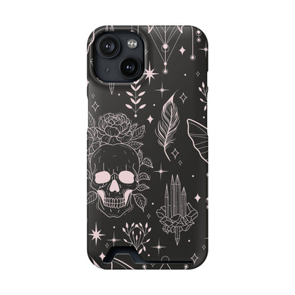 Mystic Skull Dark Aesthetic Phone Case with Card Holder — Gothic Crystal & Feather Design Luxury Cover