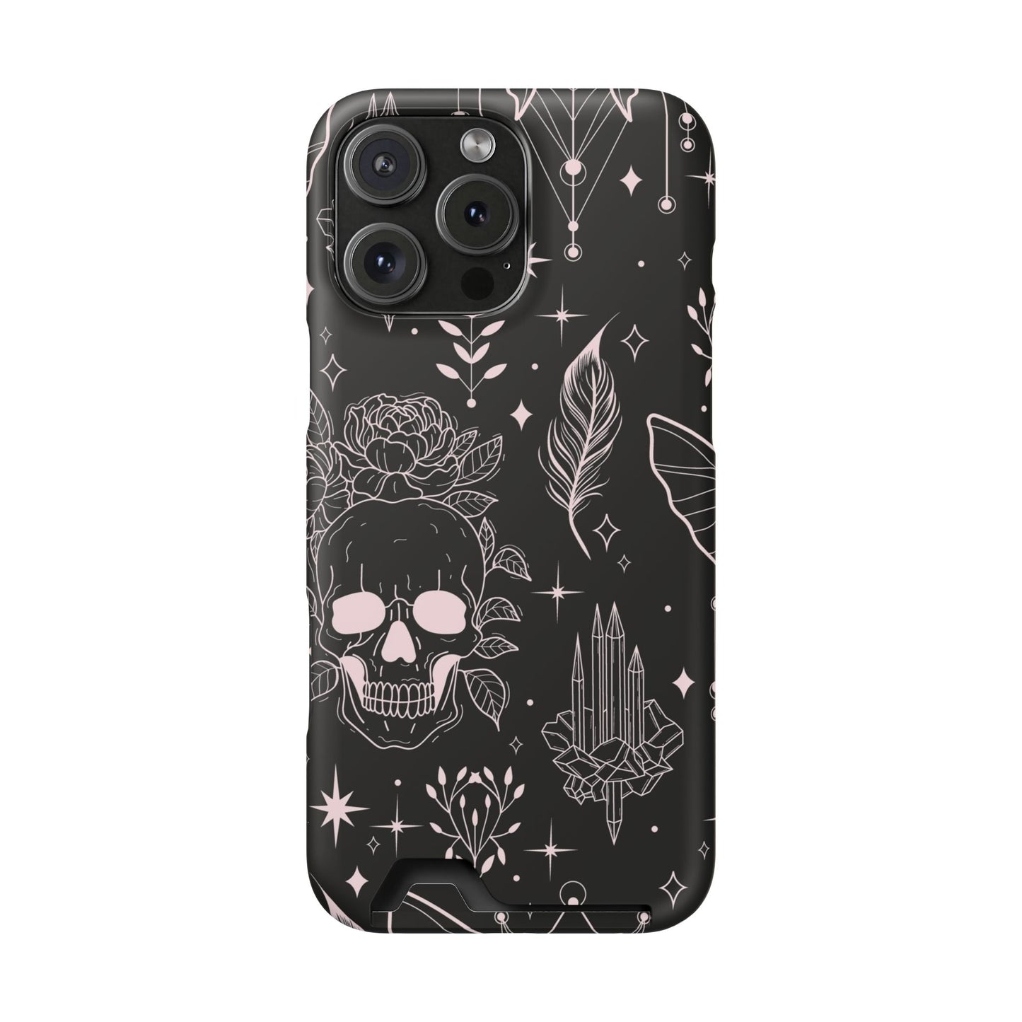 Mystic Skull Dark Aesthetic Phone Case with Card Holder — Gothic Crystal & Feather Design Luxury Cover