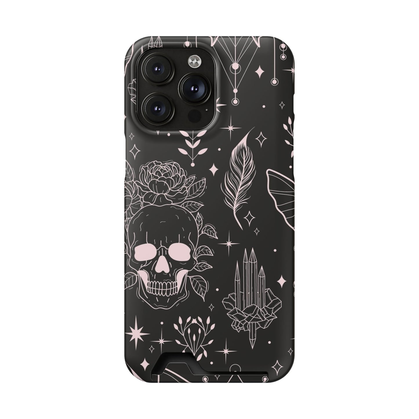 Mystic Skull Dark Aesthetic Phone Case with Card Holder — Gothic Crystal & Feather Design Luxury Cover
