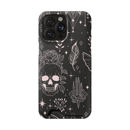 Mystic Skull Dark Aesthetic Phone Case with Card Holder — Gothic Crystal & Feather Design Luxury Cover