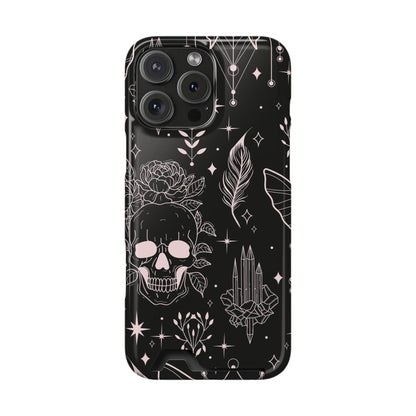 Mystic Skull Dark Aesthetic Phone Case with Card Holder — Gothic Crystal & Feather Design Luxury Cover