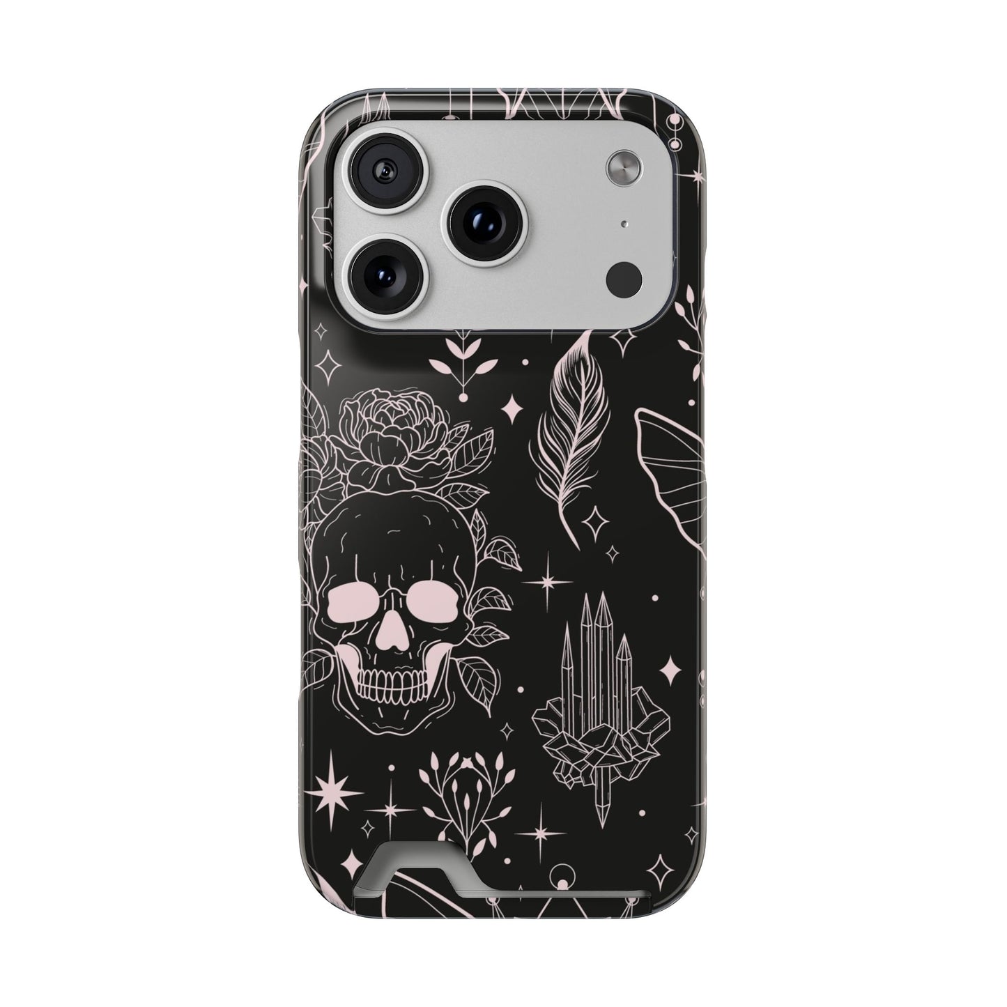 Mystic Skull Dark Aesthetic Phone Case with Card Holder — Gothic Crystal & Feather Design Luxury Cover