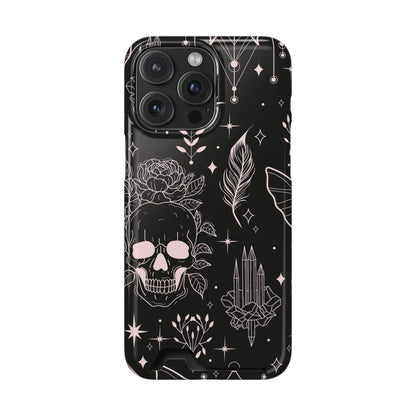 Mystic Skull Dark Aesthetic Phone Case with Card Holder — Gothic Crystal & Feather Design Luxury Cover