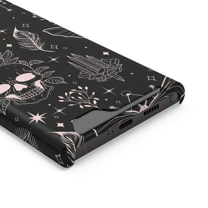 Mystic Skull Dark Aesthetic Phone Case with Card Holder — Gothic Crystal & Feather Design Luxury Cover