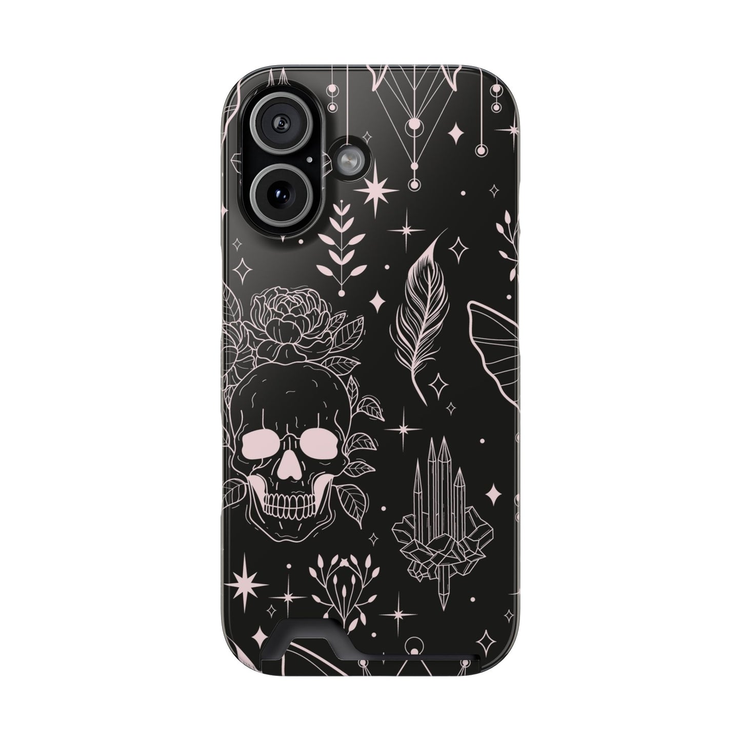 Mystic Skull Dark Aesthetic Phone Case with Card Holder — Gothic Crystal & Feather Design Luxury Cover