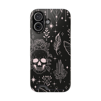 Mystic Skull Dark Aesthetic Phone Case with Card Holder — Gothic Crystal & Feather Design Luxury Cover