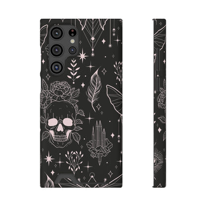 Mystic Skull Dark Aesthetic Phone Case with Card Holder — Gothic Crystal & Feather Design Luxury Cover