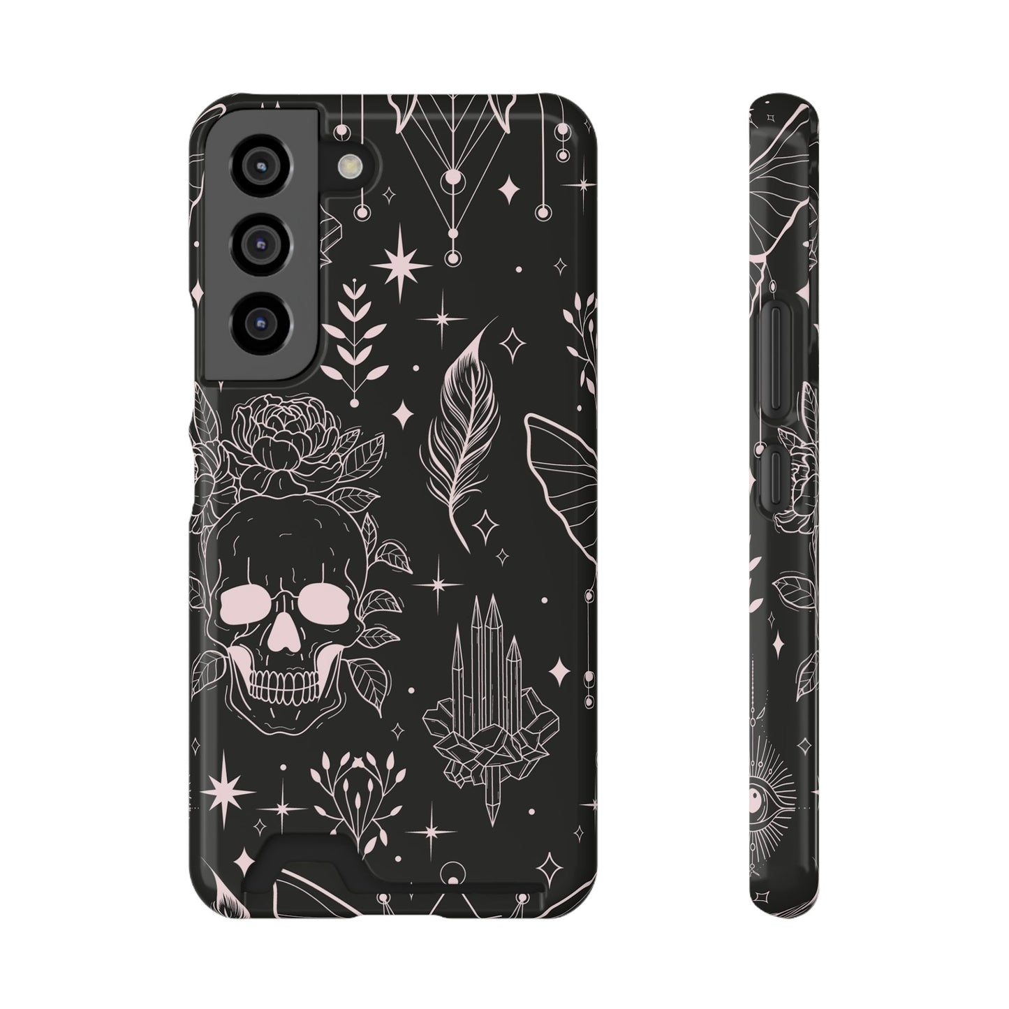 Mystic Skull Dark Aesthetic Phone Case with Card Holder — Gothic Crystal & Feather Design Luxury Cover