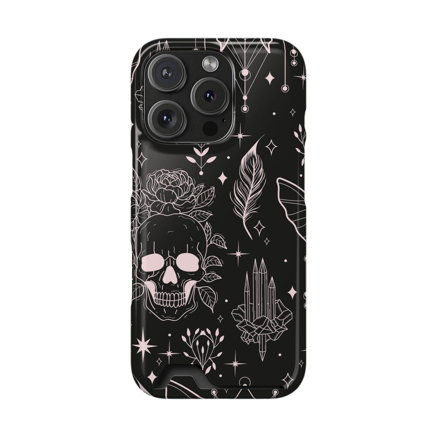 Mystic Skull Dark Aesthetic Phone Case with Card Holder — Gothic Crystal & Feather Design Luxury Cover