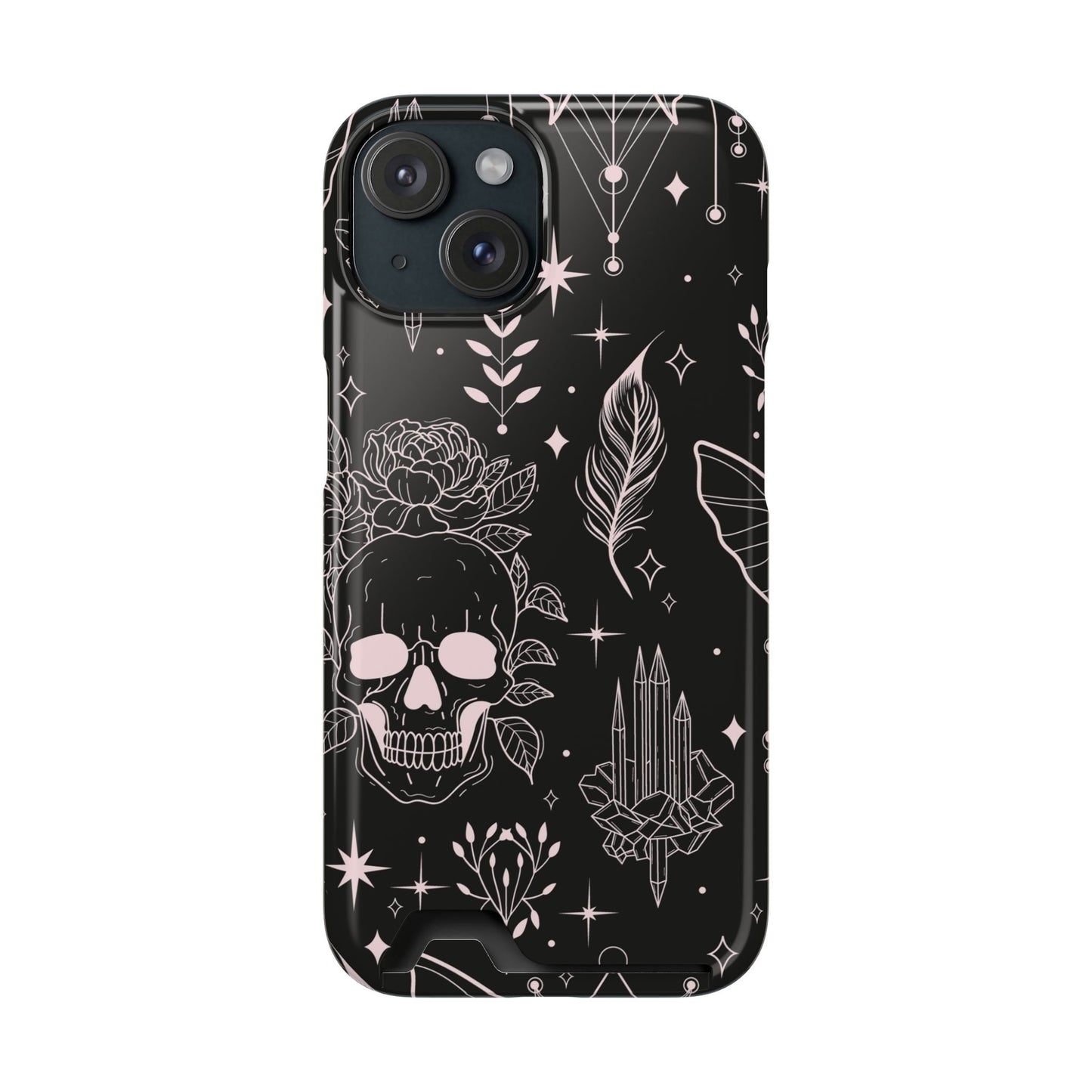 Mystic Skull Dark Aesthetic Phone Case with Card Holder — Gothic Crystal & Feather Design Luxury Cover
