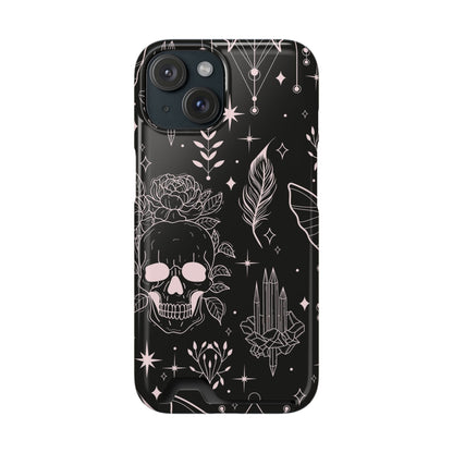 Mystic Skull Dark Aesthetic Phone Case with Card Holder — Gothic Crystal & Feather Design Luxury Cover