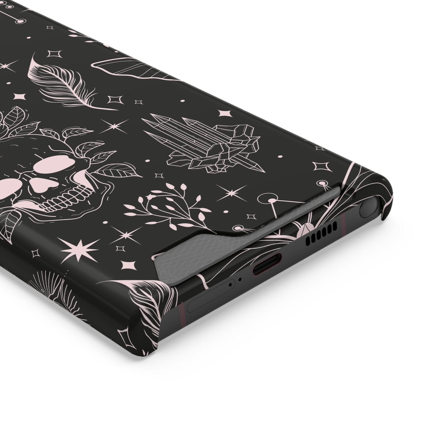 Mystic Skull Dark Aesthetic Phone Case with Card Holder — Gothic Crystal & Feather Design Luxury Cover