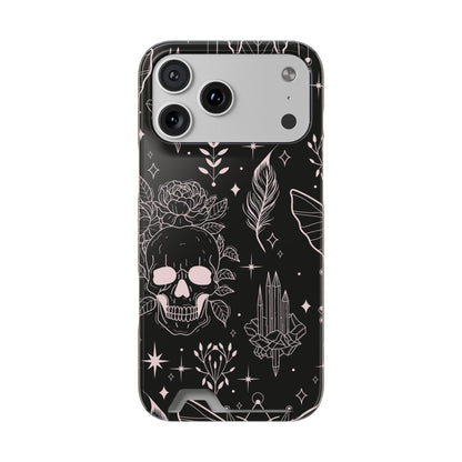 Mystic Skull Dark Aesthetic Phone Case with Card Holder — Gothic Crystal & Feather Design Luxury Cover