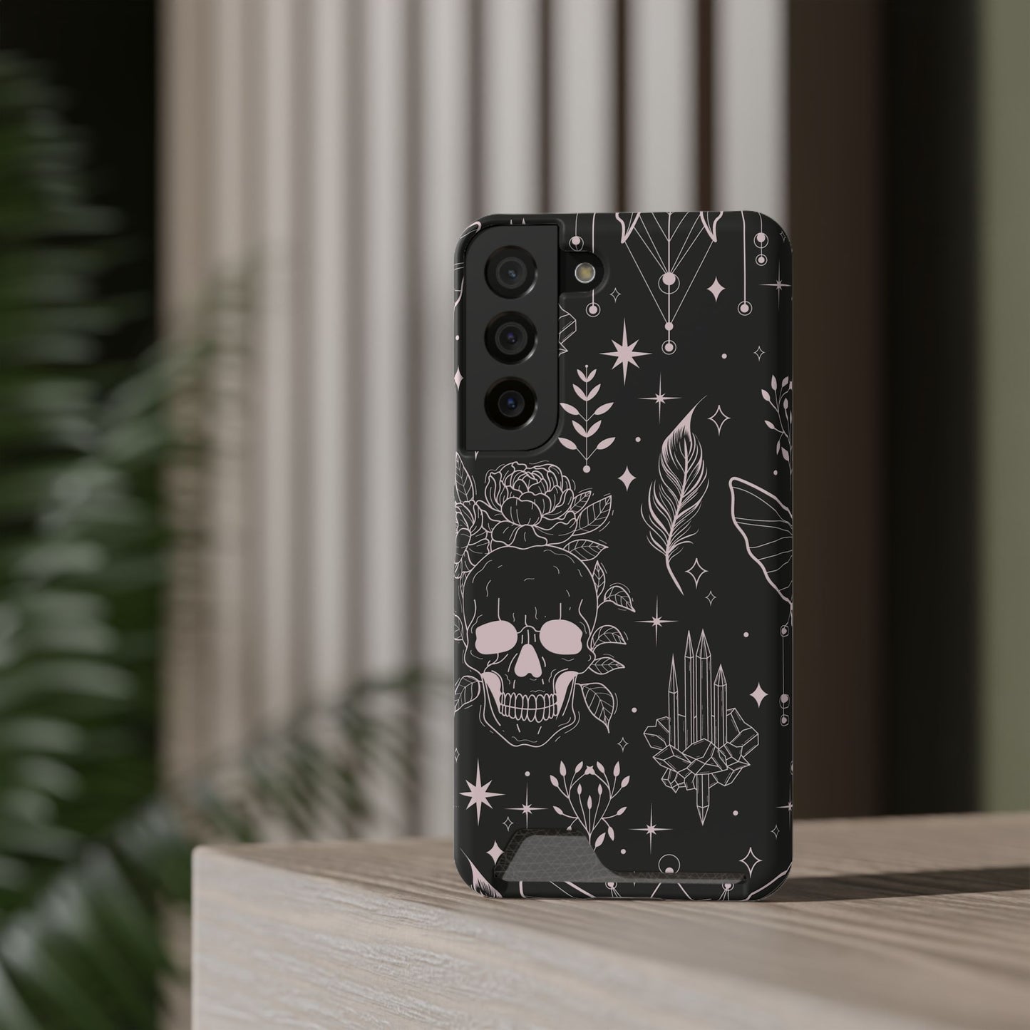 Mystic Skull Dark Aesthetic Phone Case with Card Holder — Gothic Crystal & Feather Design Luxury Cover