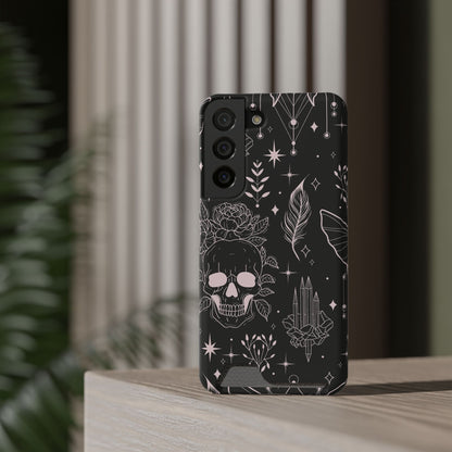 Mystic Skull Dark Aesthetic Phone Case with Card Holder — Gothic Crystal & Feather Design Luxury Cover