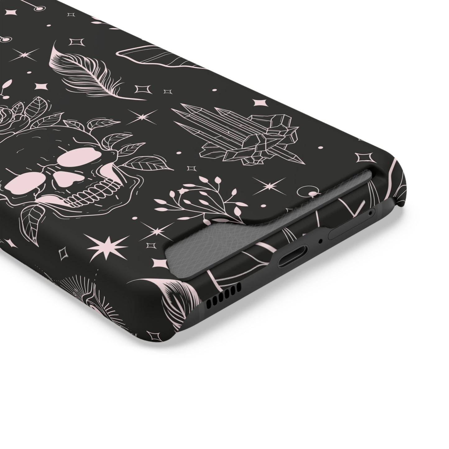 Mystic Skull Dark Aesthetic Phone Case with Card Holder — Gothic Crystal & Feather Design Luxury Cover