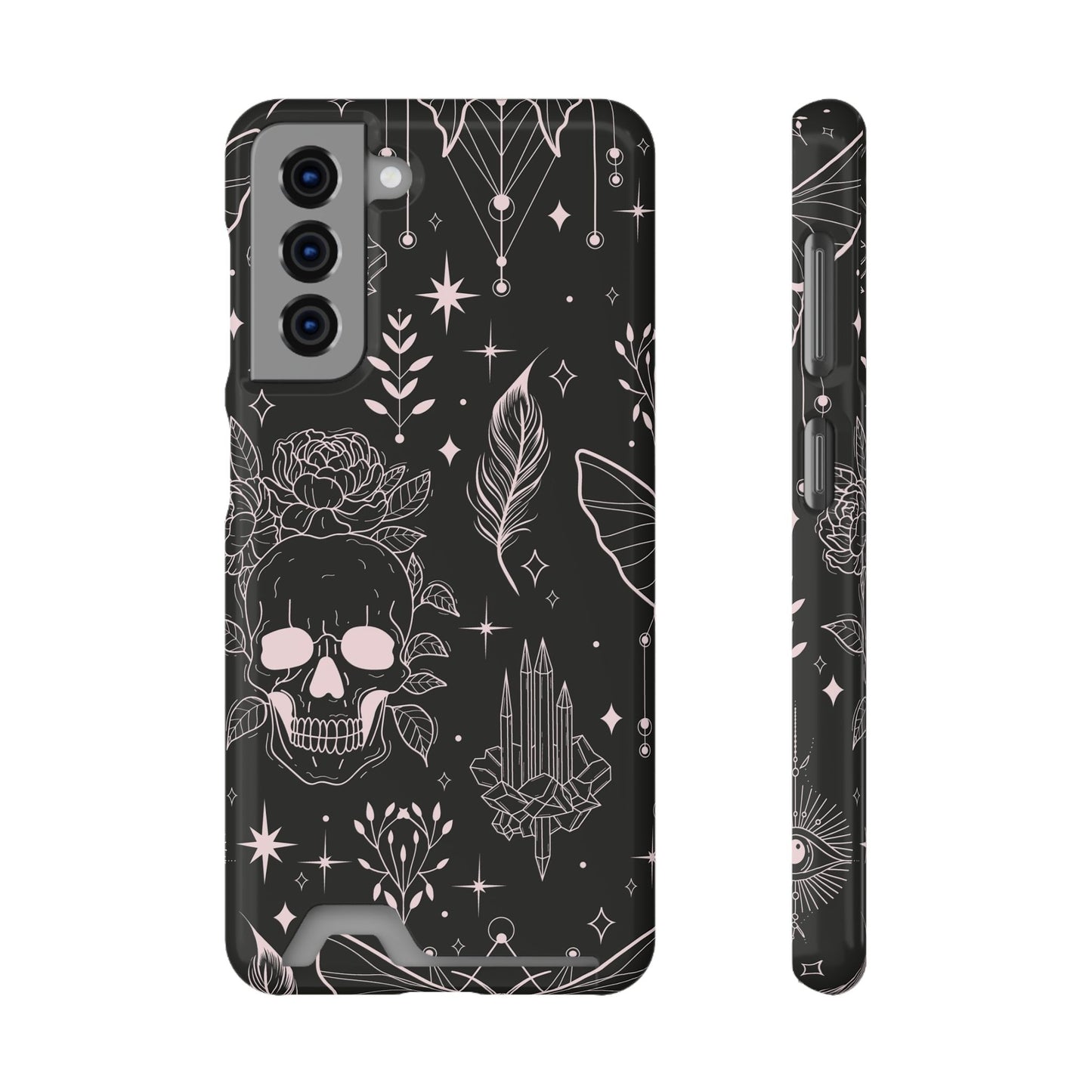 Mystic Skull Dark Aesthetic Phone Case with Card Holder — Gothic Crystal & Feather Design Luxury Cover