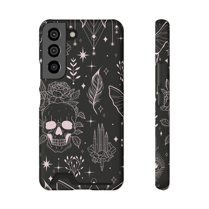 Mystic Skull Dark Aesthetic Phone Case with Card Holder — Gothic Crystal & Feather Design Luxury Cover